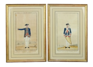 Pair of antique French hand colored military engravings