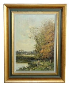French oil on board painting landscape with river