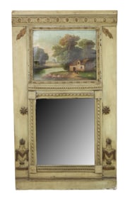French painted trumeau mirror with cottage scene