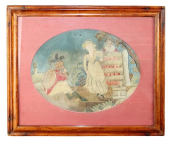 Antique English embroidery depicting woman