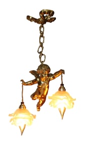 French Belle Epoque hanging cherub light with floral glass shades