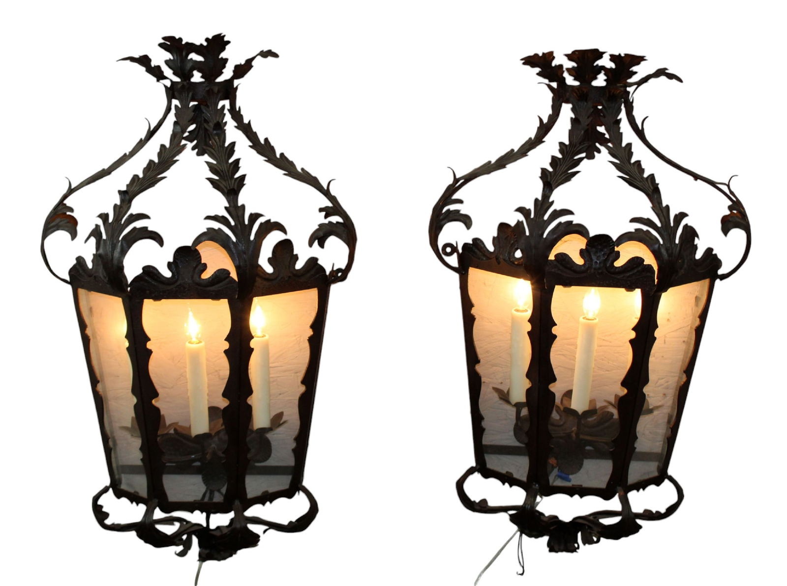 Pair of iron and glass wall mount lantern sconces (1 of 9)