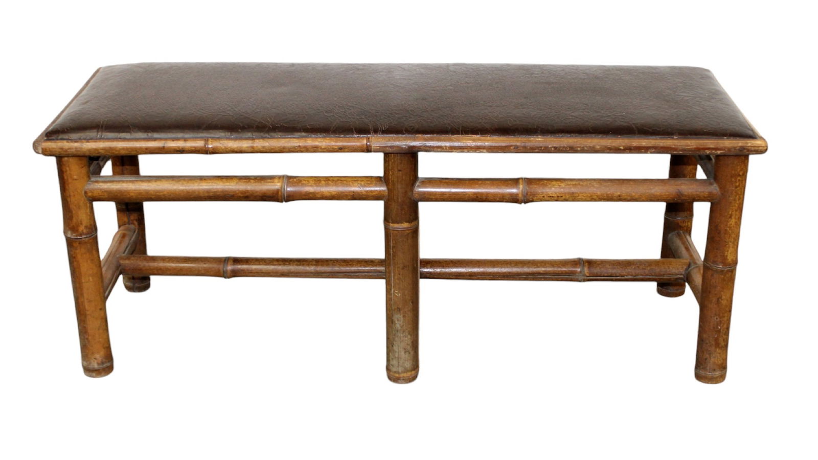 French 6 leg bamboo bench with leather seat (1 of 9)