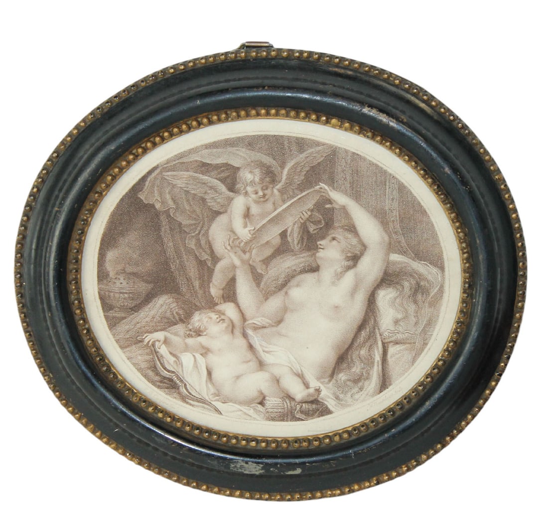 Italian Francesco Bartolozzi oval framed engraving with cherubs: Italian Francesco Bartolozzi (1727-1815) oval framed engraving with cherubs and reclining woman. 9 1/2"h x 10 1/2"w overall. Weight: 1lb