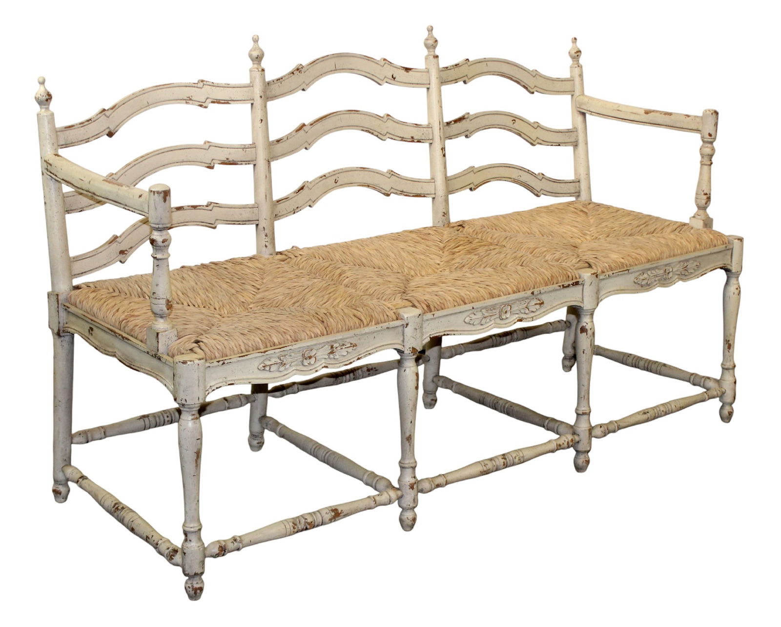 Habersham ladder back hall bench with distressed painted finish and rush seat (1 of 7)