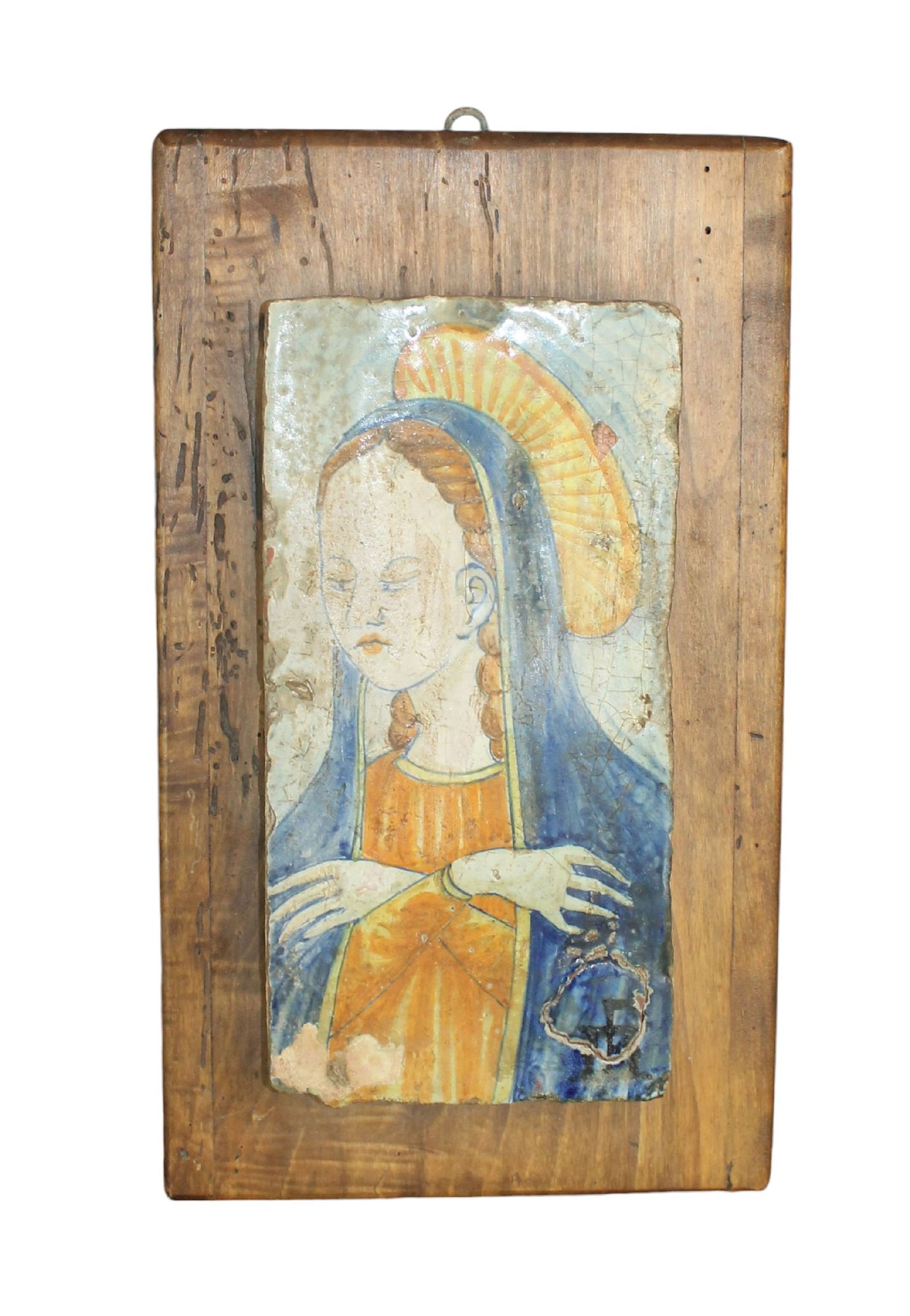 Spanish Madonna glazed terra cotta tile mounted on board: Spanish Madonna glazed terra cotta tile mounted on board. Signed l/r. 16"h x 9 1/4"w x 2 3/8"d Weight 6lbs