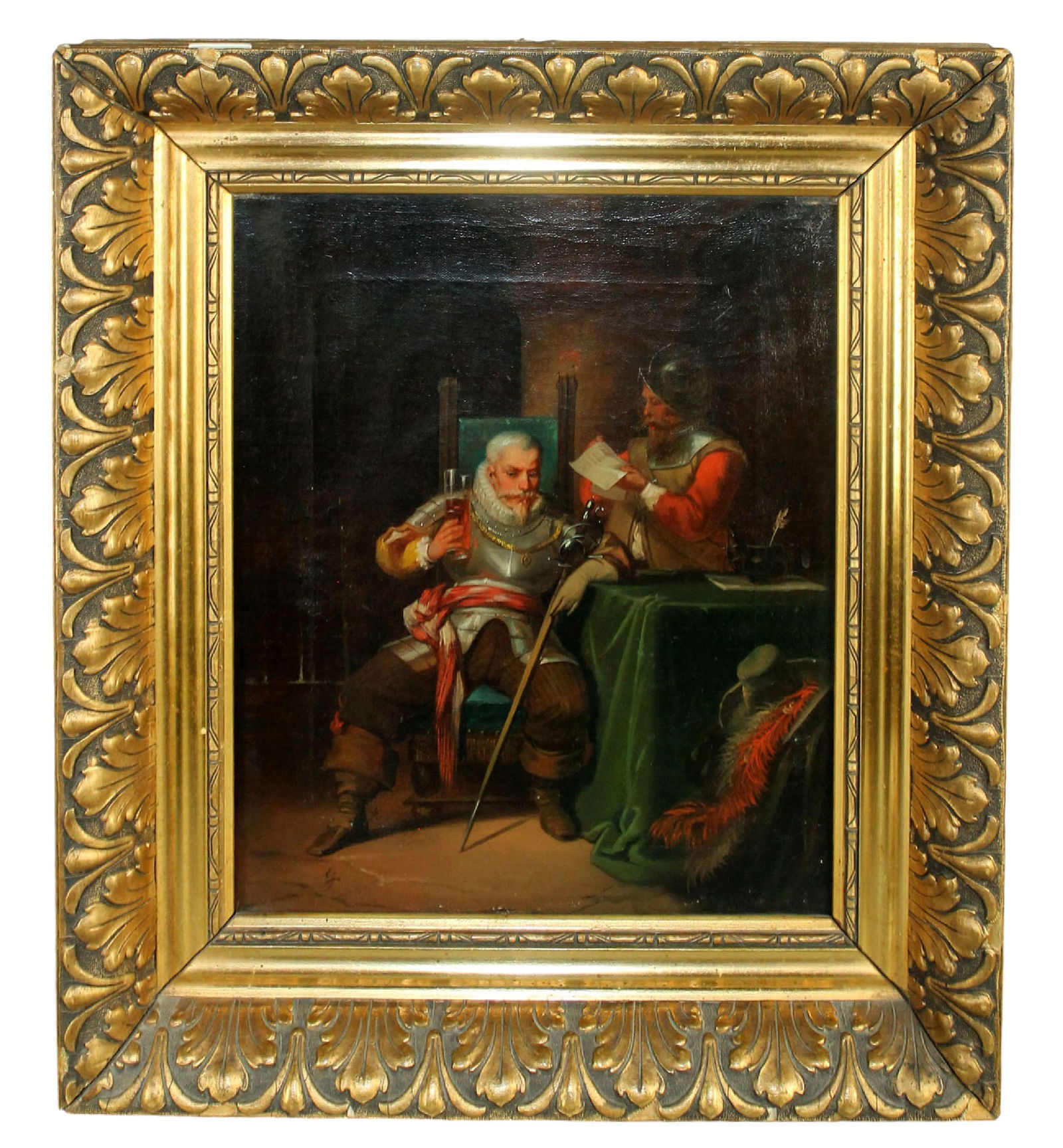 German oil on canvas depicting military officers interior scene (1 of 8)