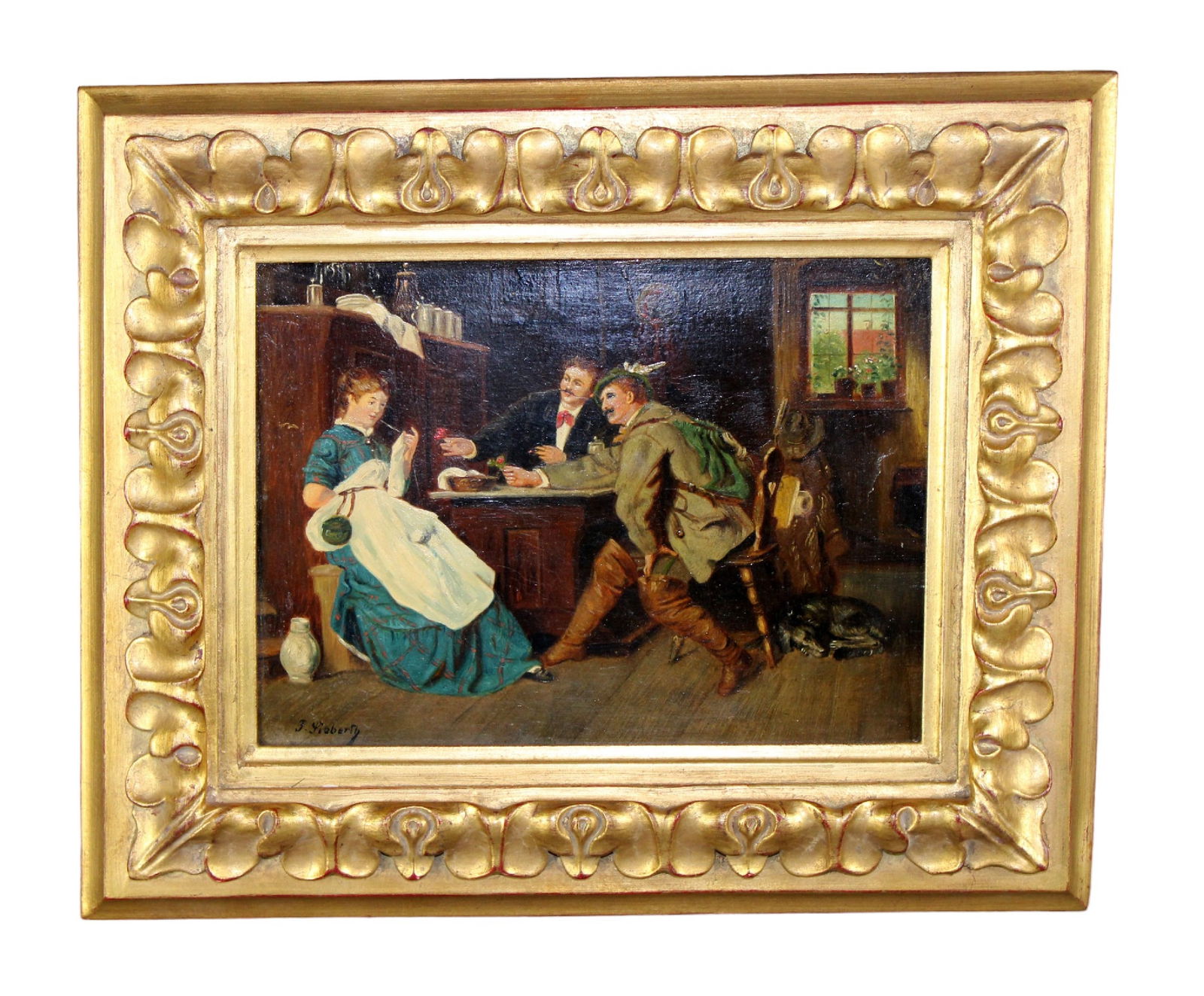 German Genre oil on painting depicting courting scene with woman and 2 men (1 of 7)