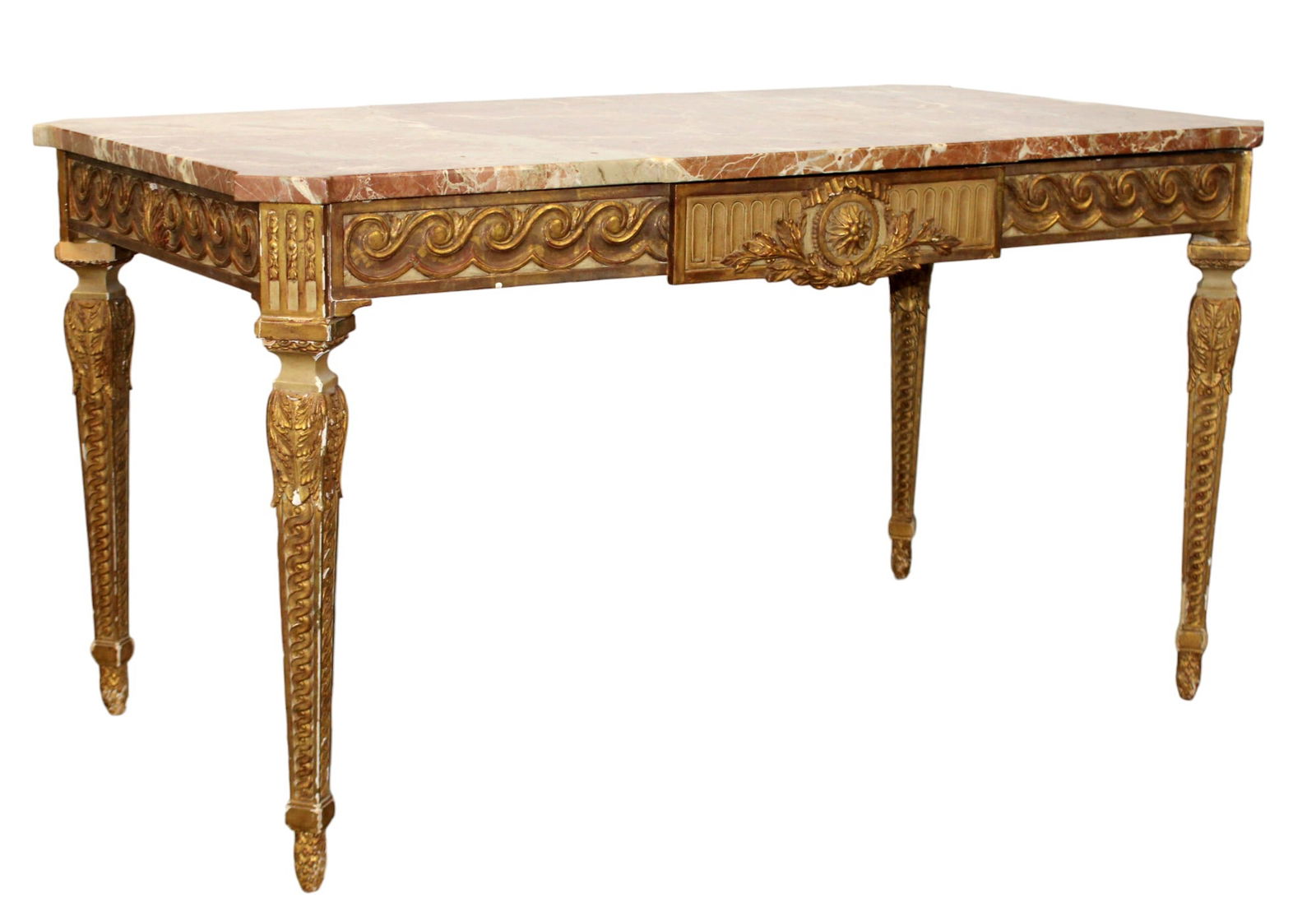 Italian Neoclassical style carved painted and parcel gilt center table with marble top (1 of 11)