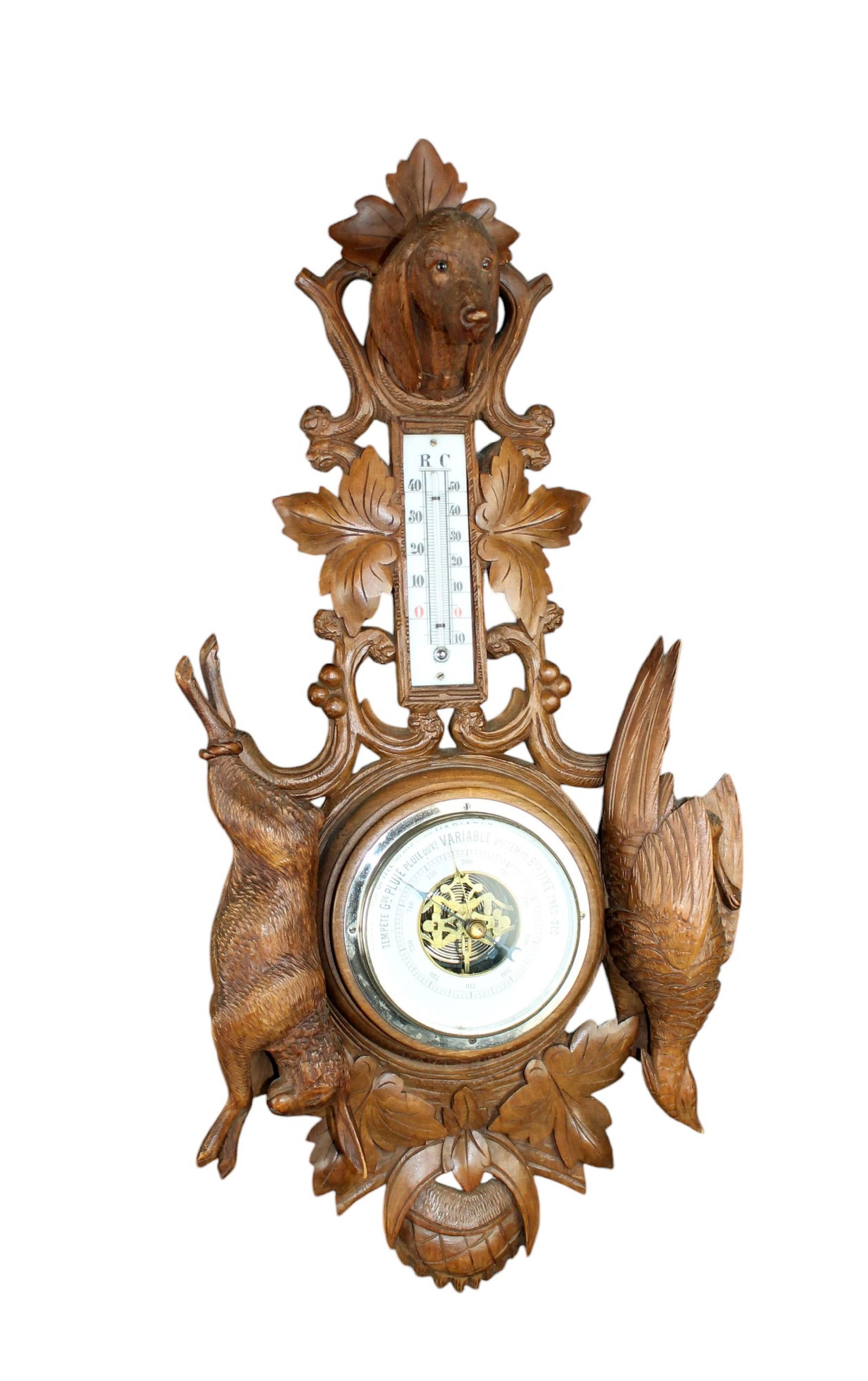 Black Forest carved barometer/thermometer in hunt motif with dog head (1 of 6)