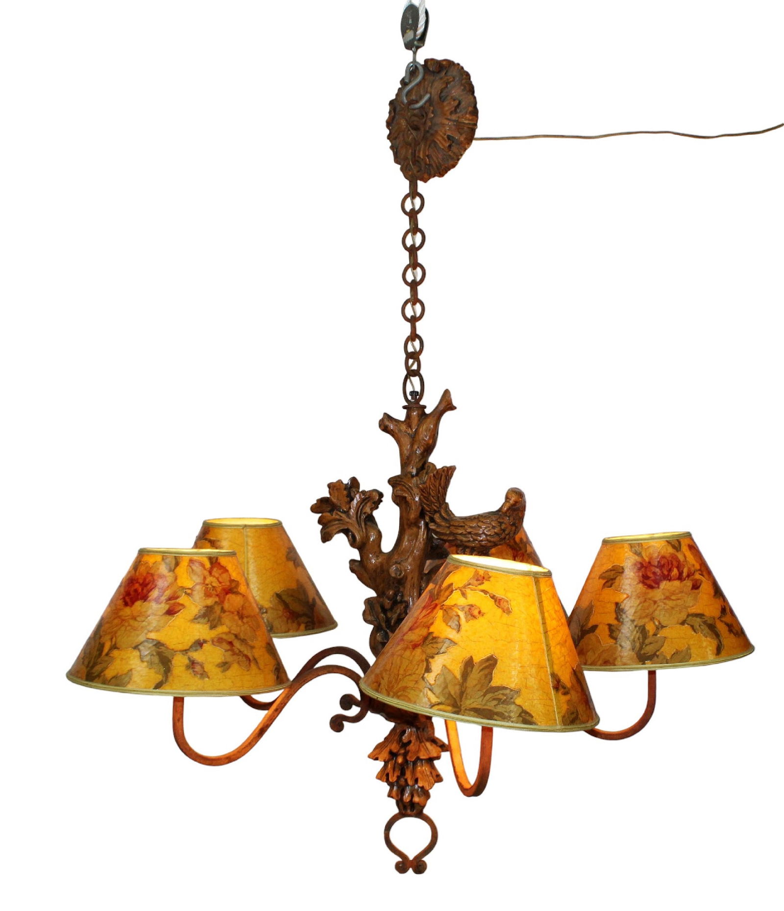 Black Forest style 5 arm cast naturalistic chandelier with birds (1 of 11)