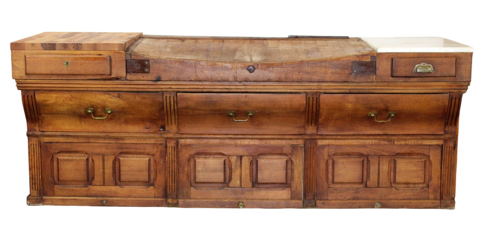 Antique French 'billot de boucher' triple butcher block with marble work surface and maple cutting (1 of 15)