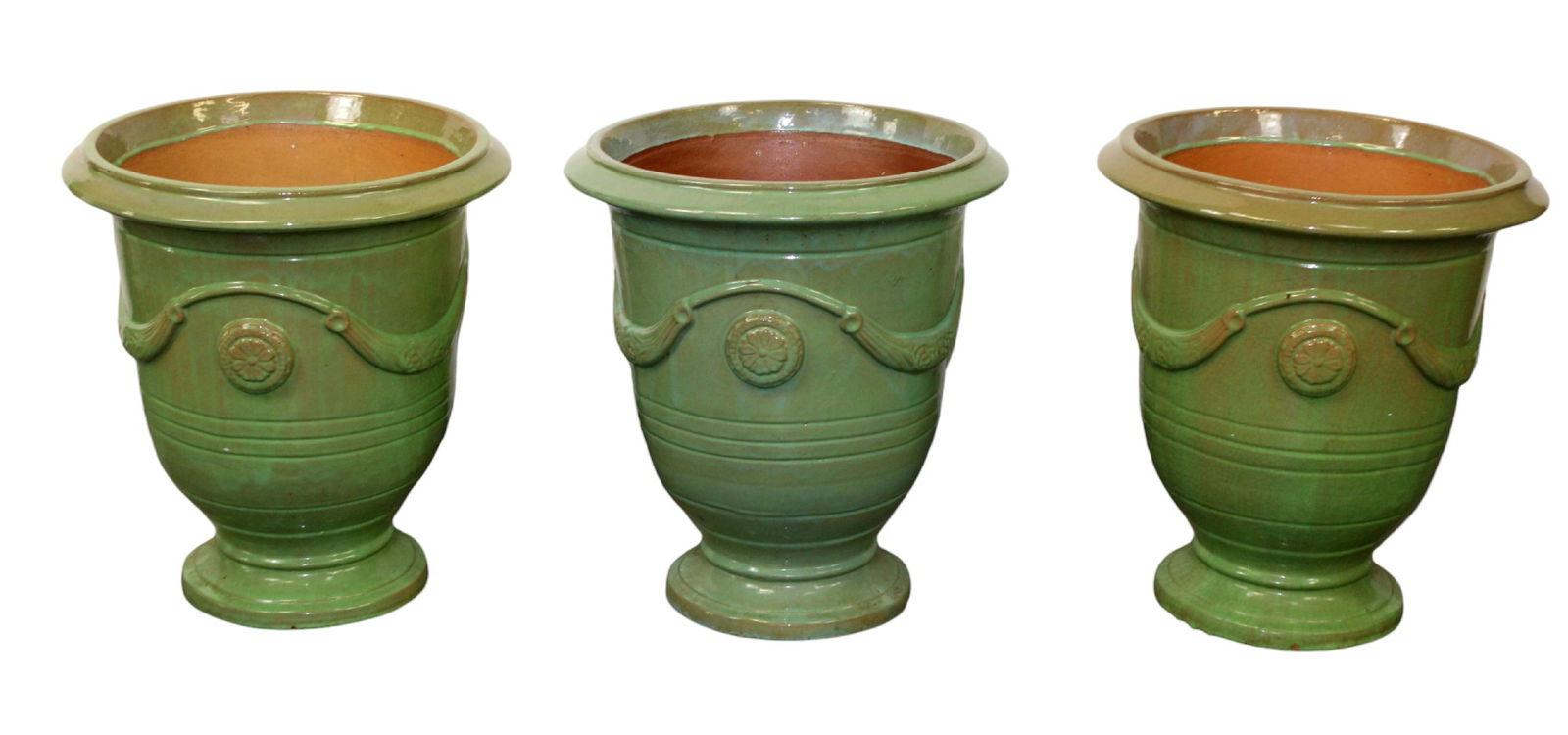 Set of 3 French Heritage glazed terra cotta garden urns (1 of 11)