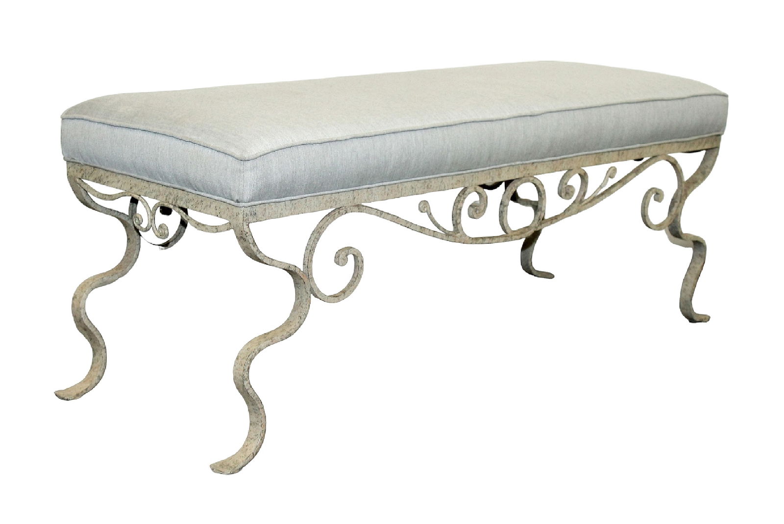 Painted wrought iron backless bench with linen upholstered seat (1 of 5)