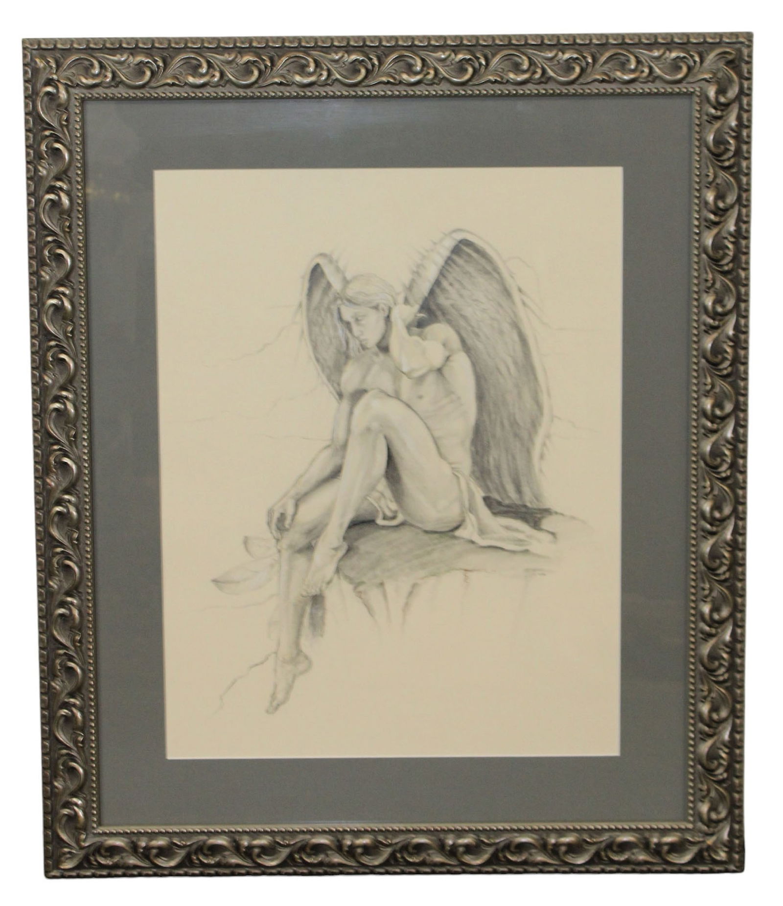 Pencil drawing on paper depicting angel: Pencil drawing on paper depicting angel signed M.C. Smelcher. Overall framed size 37 1/2"h x 30 3/4"w. Weight: 14lbs