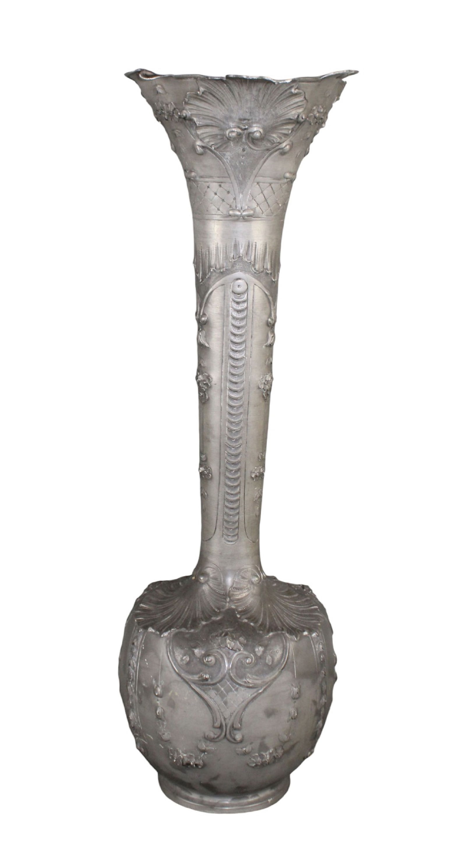 French Andre Villien pewter tall vase with embossed flowers (1 of 10)