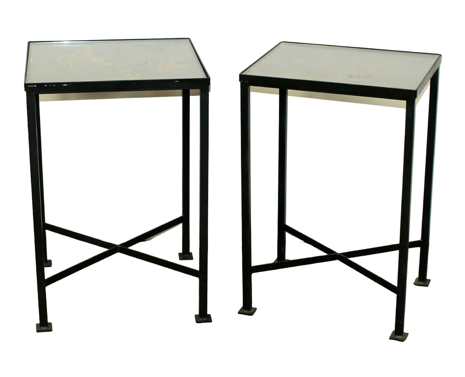 Lot Of 2 Iron Frame Side Tables With Antique Chinese Screen Panels