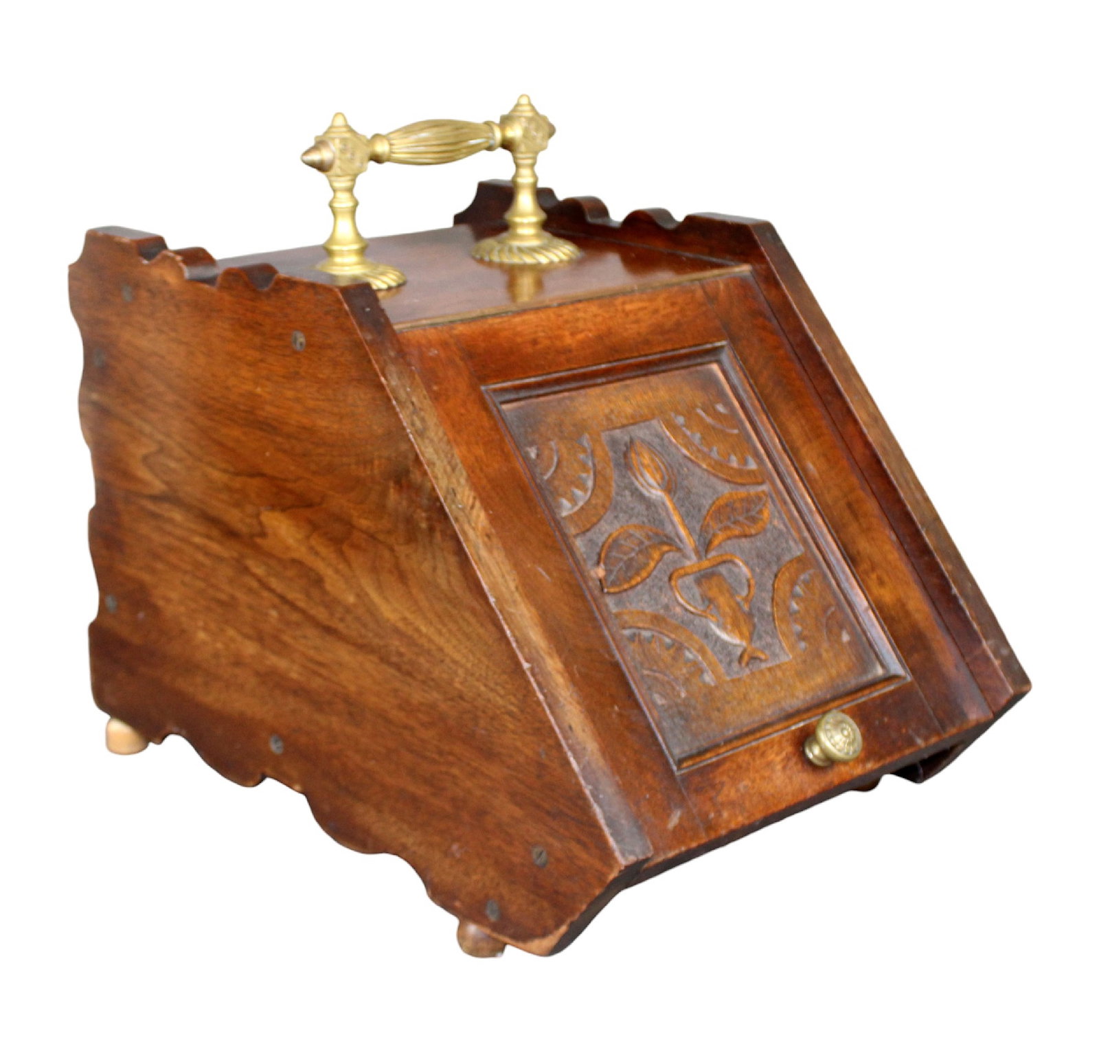 English Arts & Crafts coal box in walnut with carved flowering urn and bronze handle (1 of 8)
