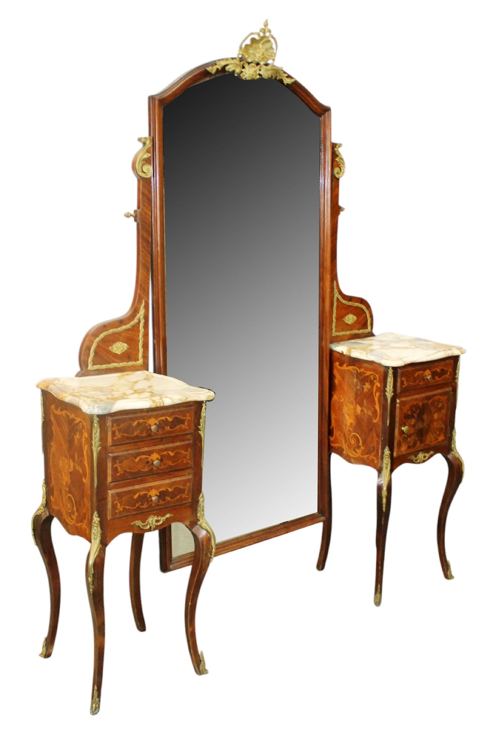 French Louis XV style marquetry full length dressing mirror with attached side tables (1 of 12)