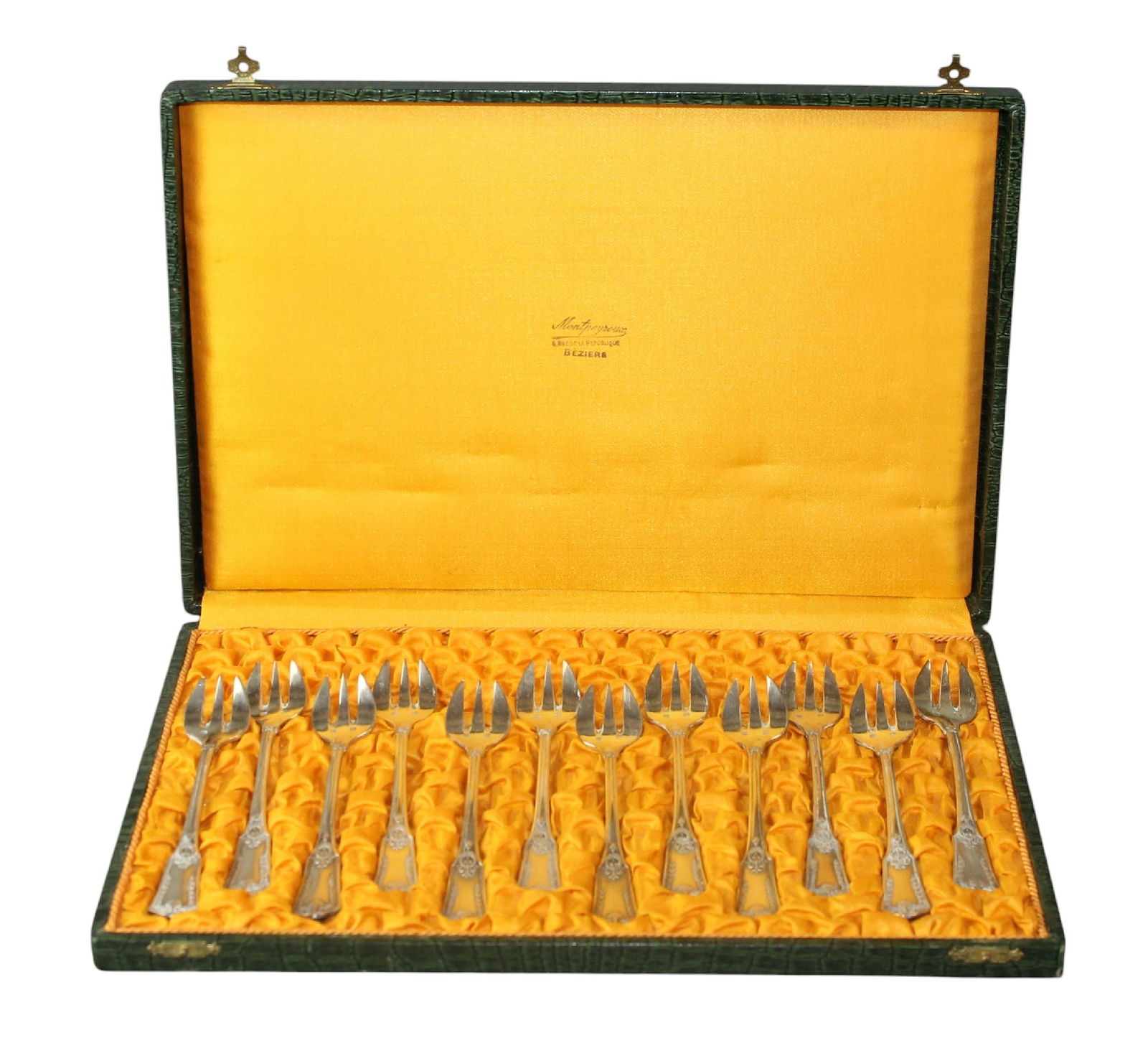 French silverplate oyster forks in fitted box (1 of 7)
