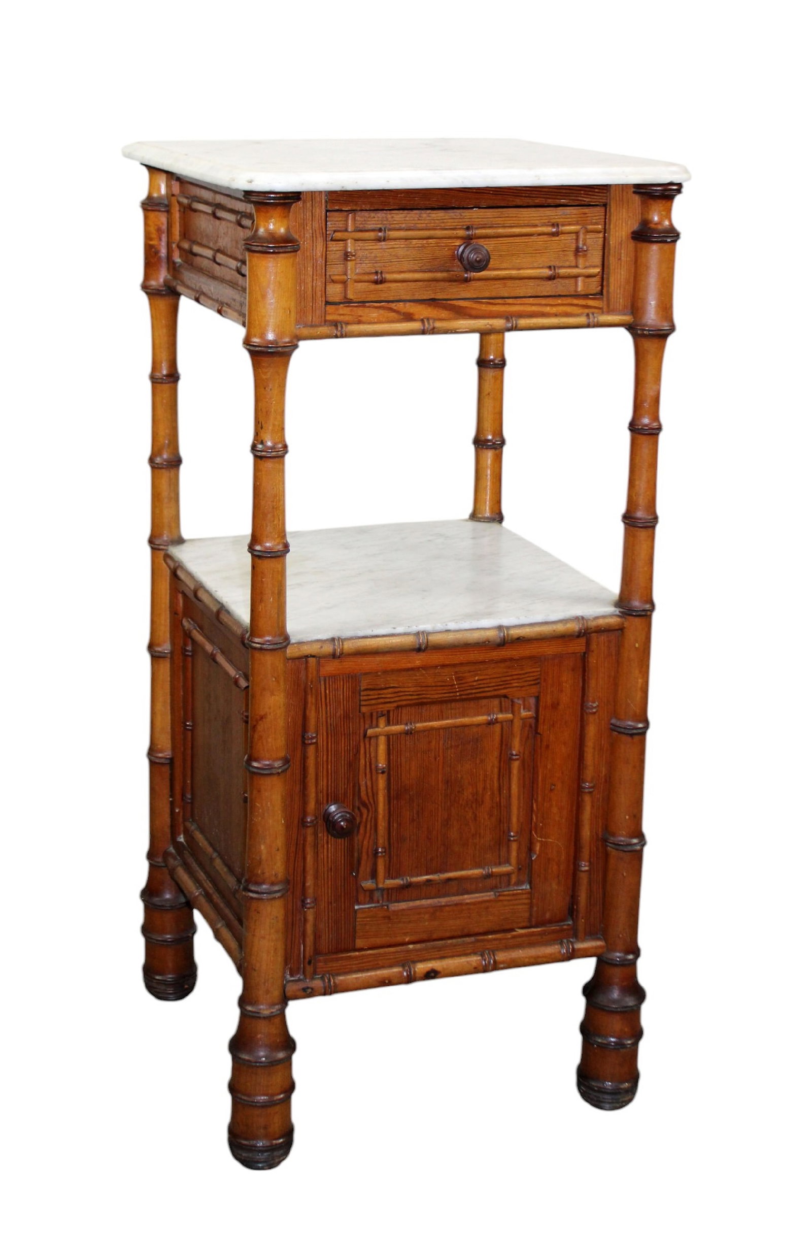 French faux bamboo tiered chevet in pine with marble top: French faux bamboo tiered chevet in pine with marble top. Circa 1900. 35 1/4"h x 16 5/8" square