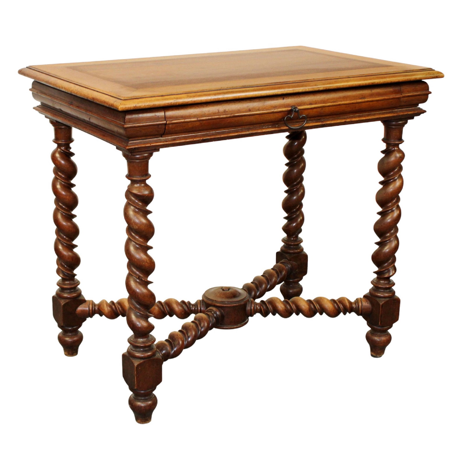 French bureau plat desk in walnut with crossed barley twist stretcher: French bureau plat desk in walnut with crossed barley twist stretcher. Single drawer. Late 19th century. 29"h x 33 1/2"w x 21 1/2"d