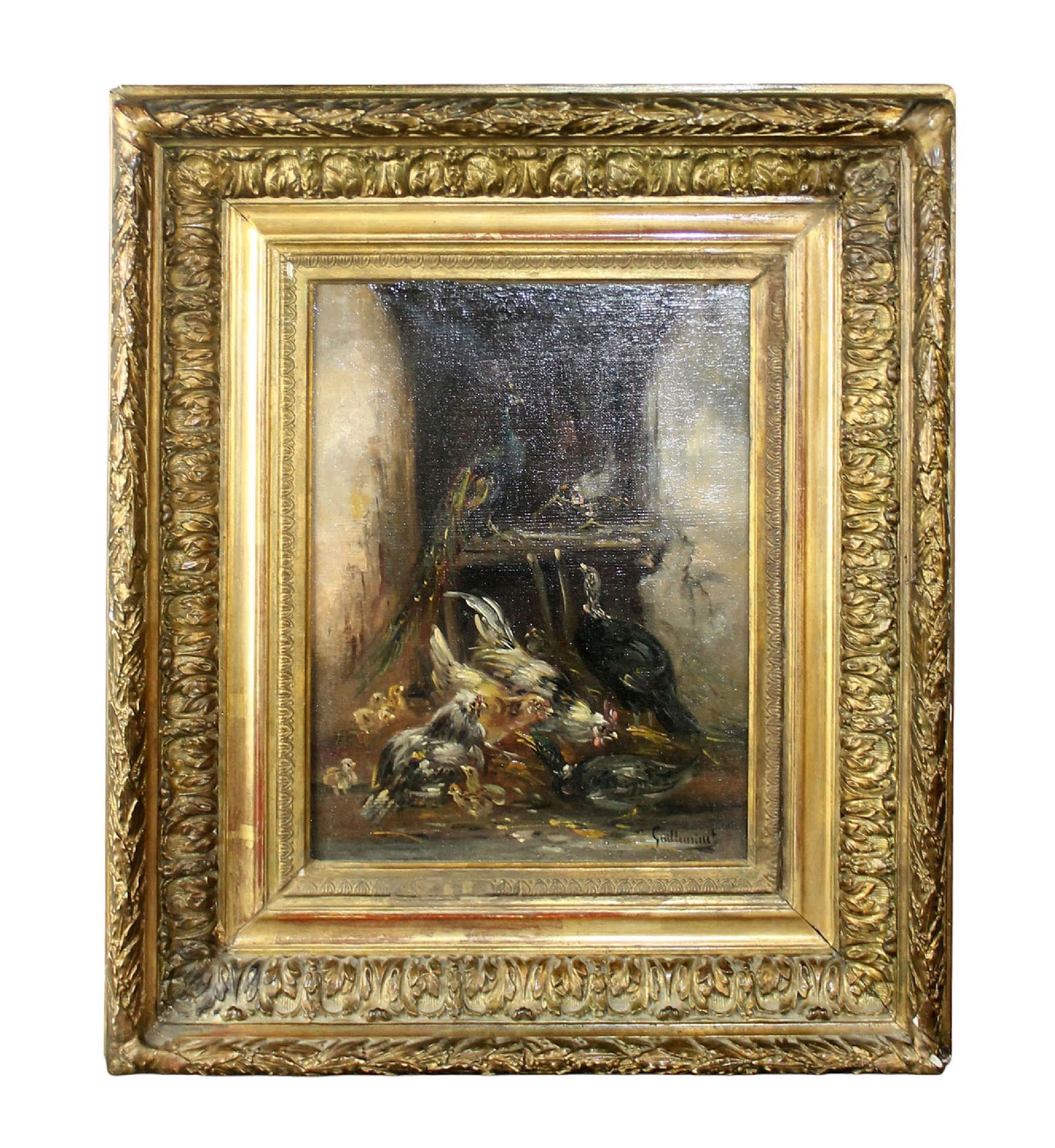 Claude Guilleminet (French, 1821-1866) oil on canvas painting with peacocks and fowl: Claude Guilleminet (French, 1821-1866) oil on canvas painting with peacocks and fowl. SIgned l/r Guilleminet. Overall 21"h x 17 1/2"w sight size: 12 3/8"h x 9"w Weight 8lbs