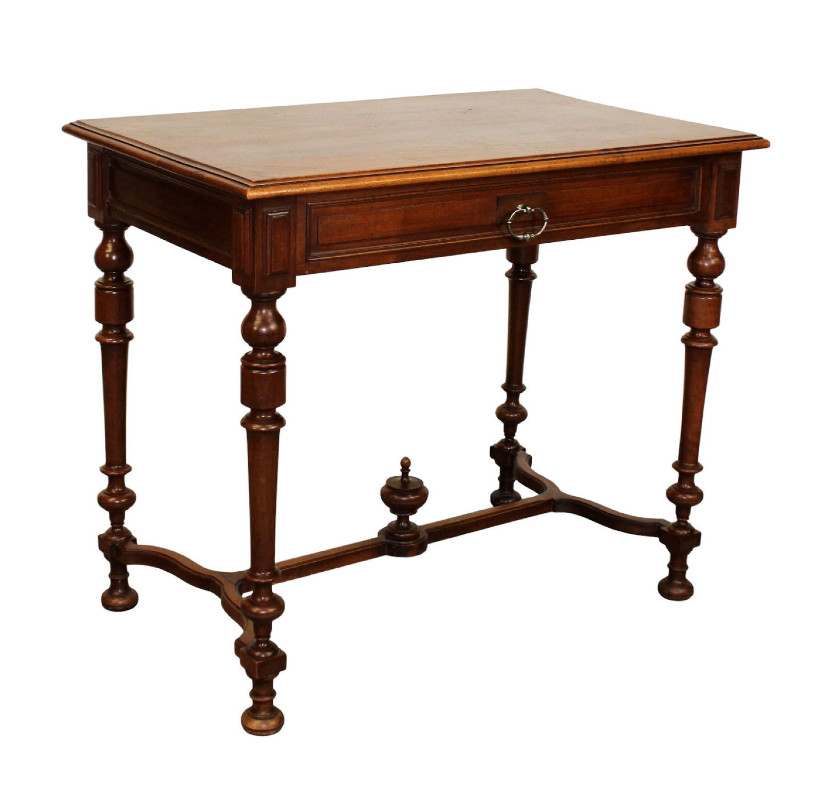 French side table in walnut on turned legs with single drawer (1 of 9)