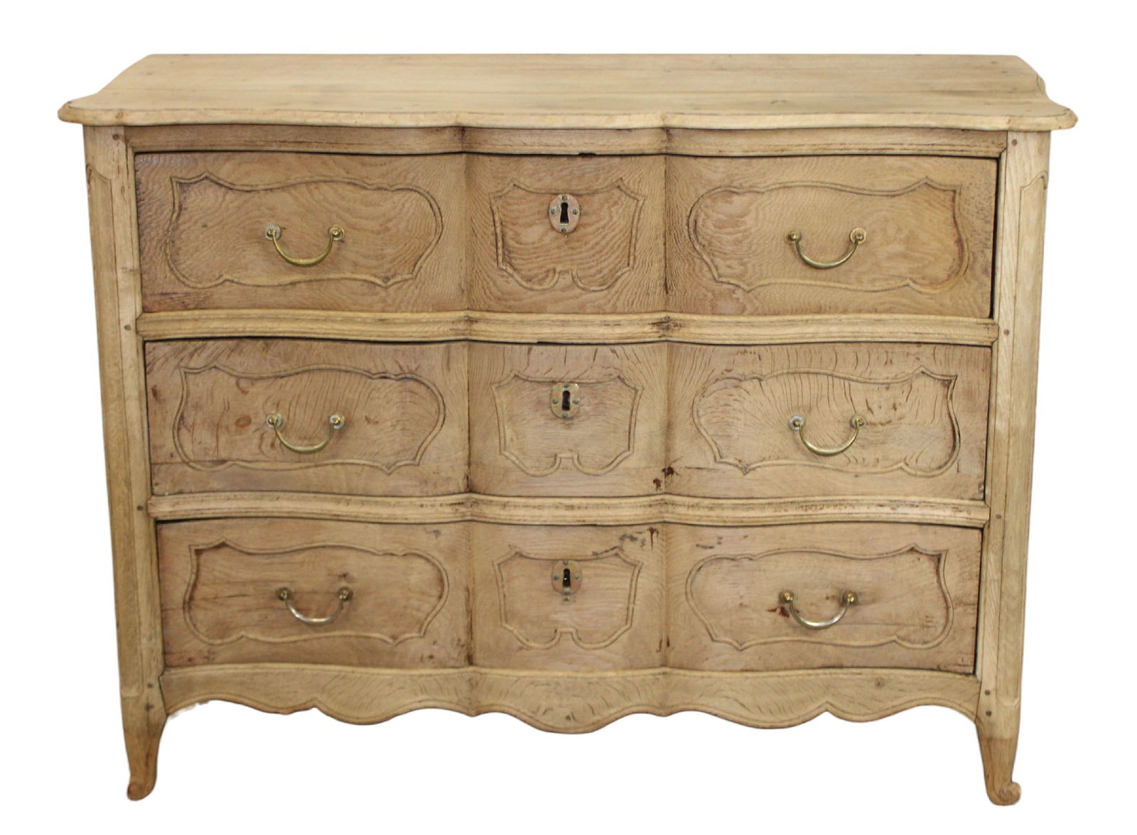 French Provincial 3 drawer serpentine commode in bleached oak (1 of 9)