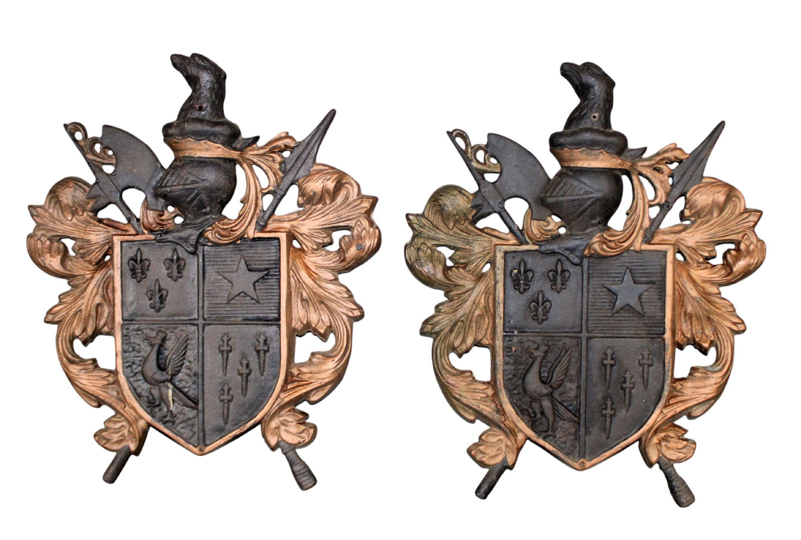 Pair of French cast iron shield form armory plaques with coat of arms with eagles and knight's head (1 of 9)