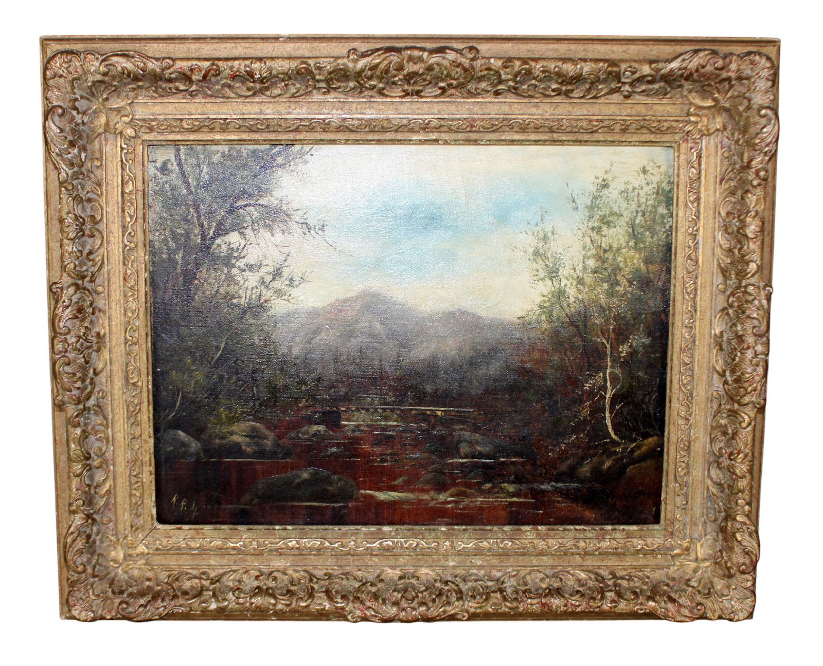 Continental oil on canvas painting landscape with river and mountains (1 of 10)