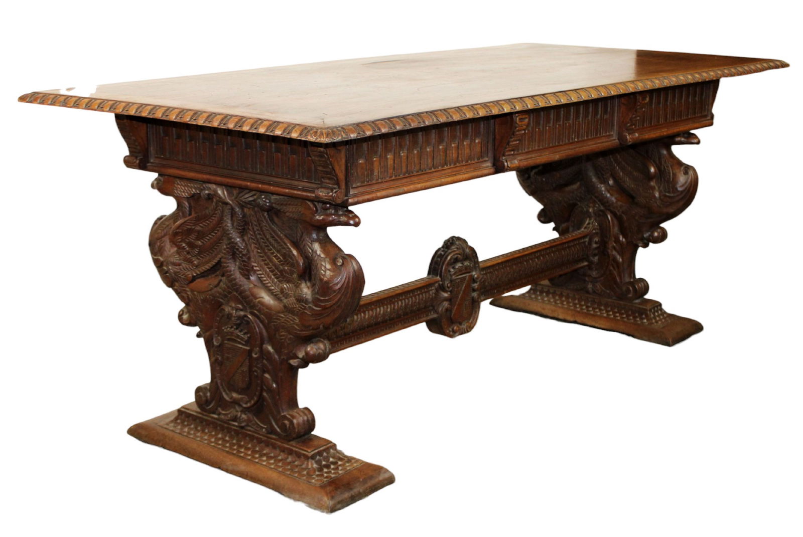 French carved library table desk with carved coat of arms (1 of 10)