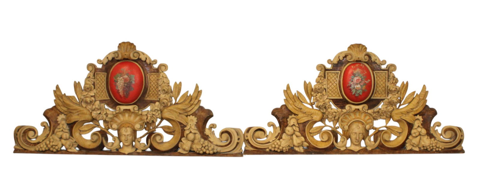 Pair of exceptional carved crests with portrait plaques and painted cabochon (1 of 11)