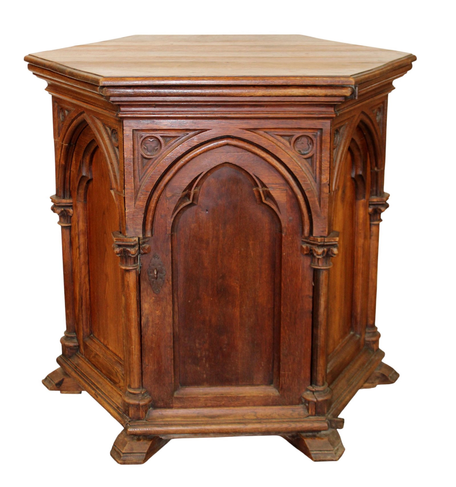 French Gothic Revival hexagonal pedestal cabinet in oak (1 of 12)
