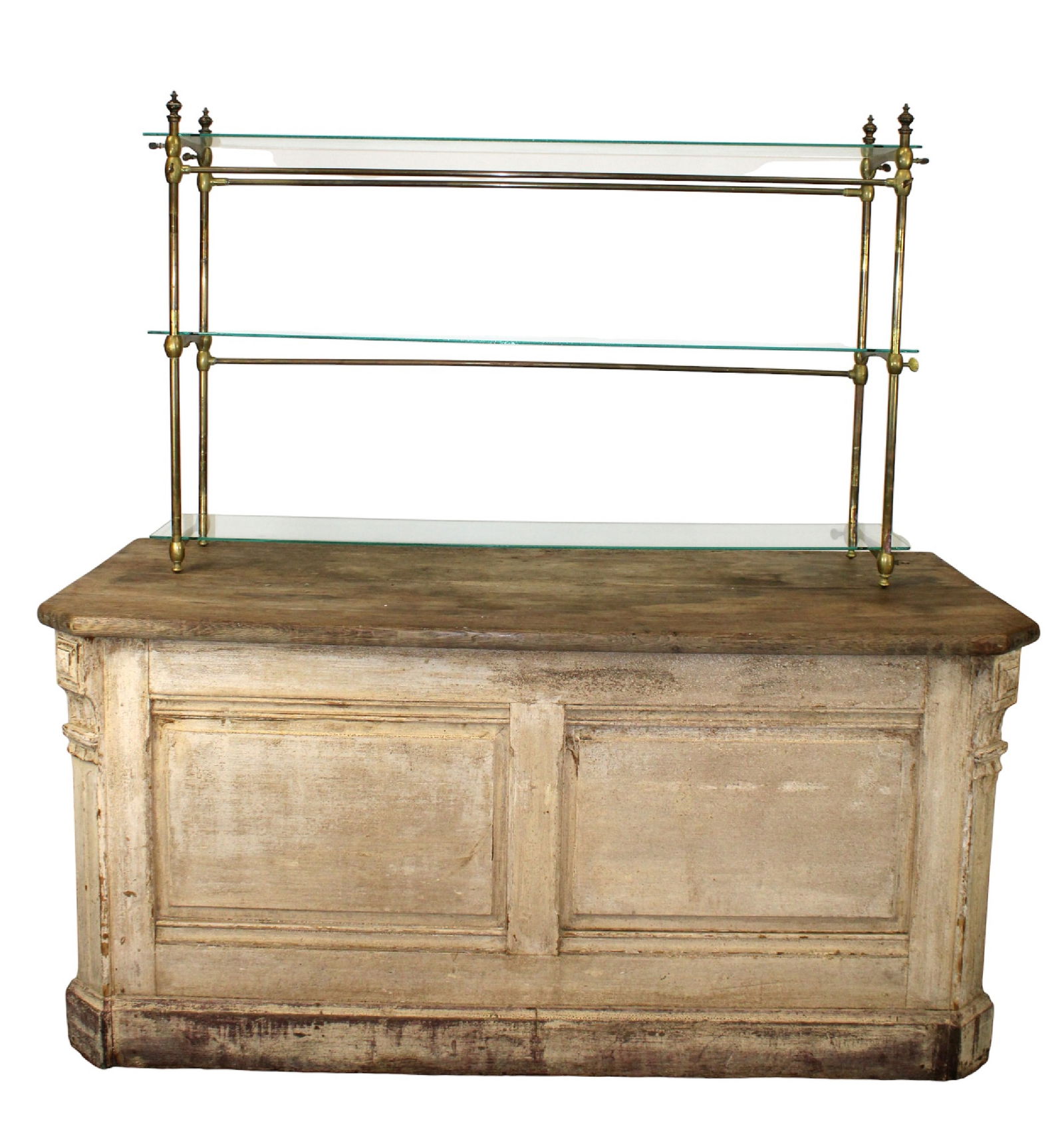 French shop counter island in pine and oak with brass & glass pastry shelves (1 of 18)
