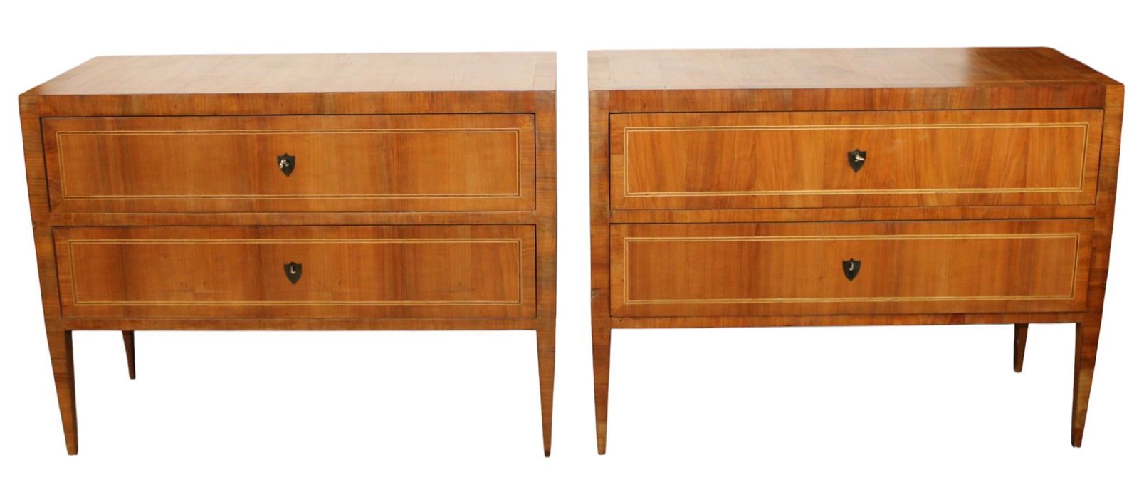 Pair of Italian 2 drawer commodes on legs: Pair of Italian 2 drawer commodes on legs. Walnut veneer with thin inlaid bands. Shield form escutcheons. Modern. 35 3/8"h x 47 1/4w x 20 3/8"d