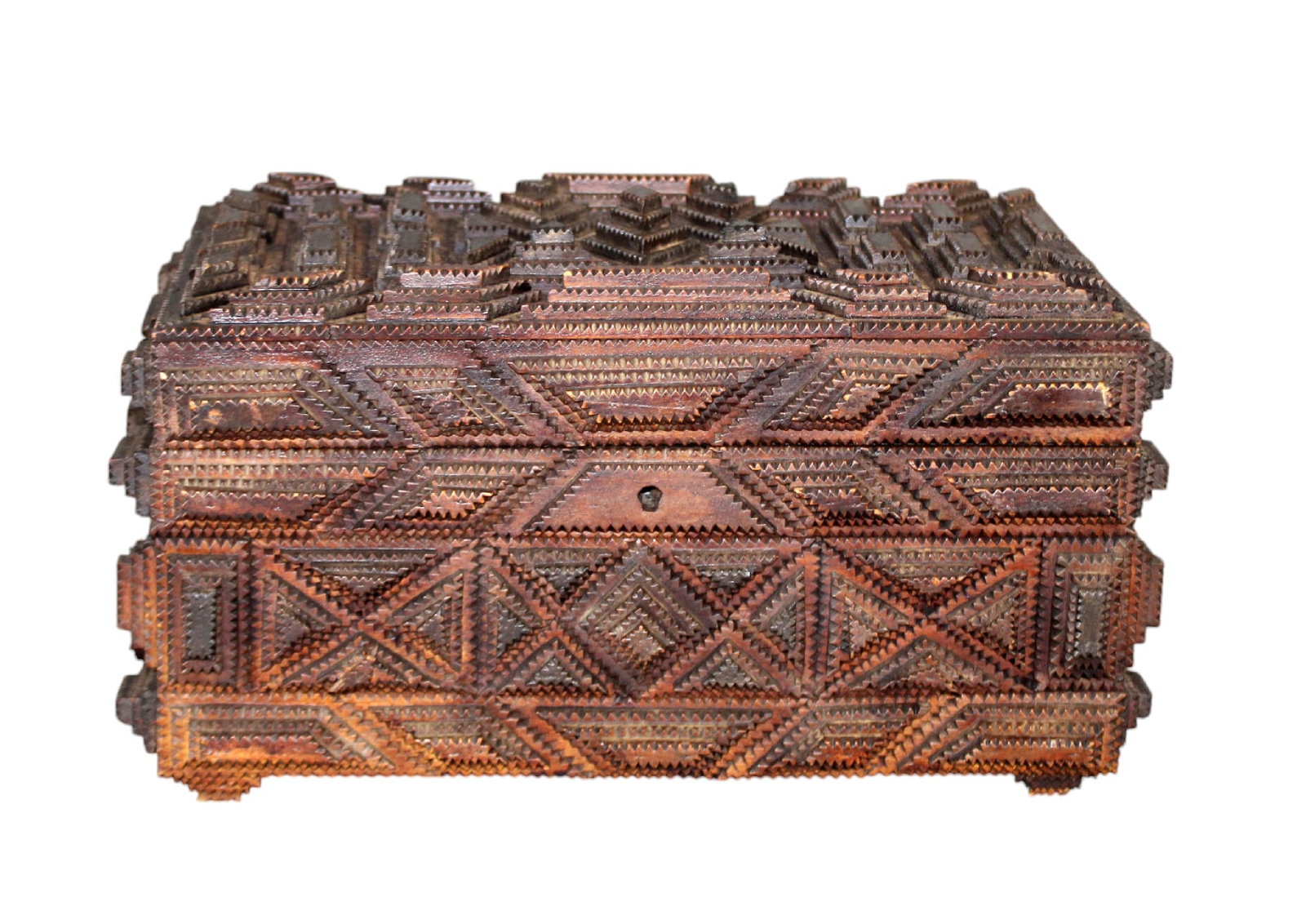 French tramp art dresser box: French tramp art dresser box. Early 20th century. 8"h x 13 3/4"l x 7 7/8"w Weight: 5lbs