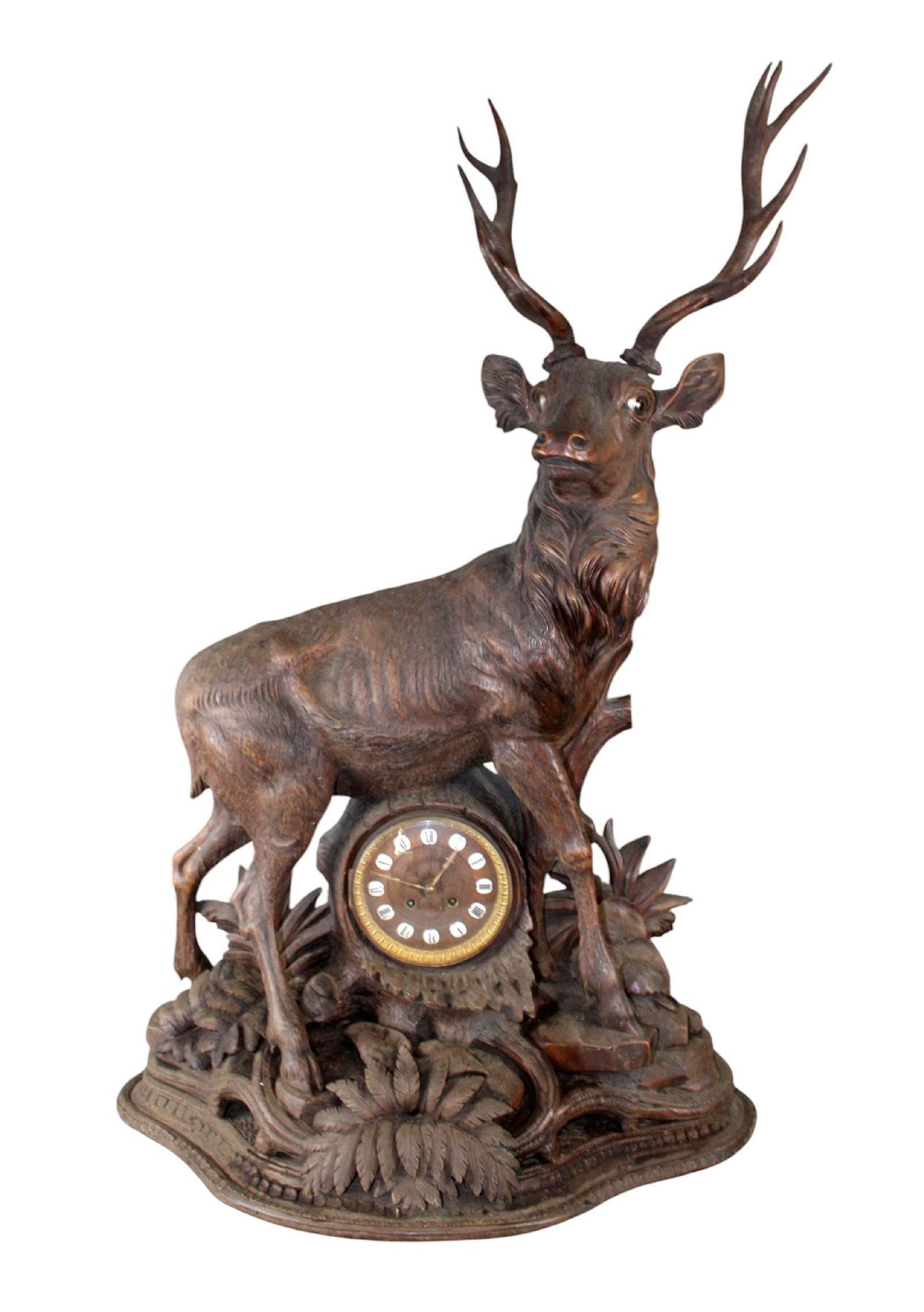 Black Forest carved walnut mantel clock with stag (1 of 16)