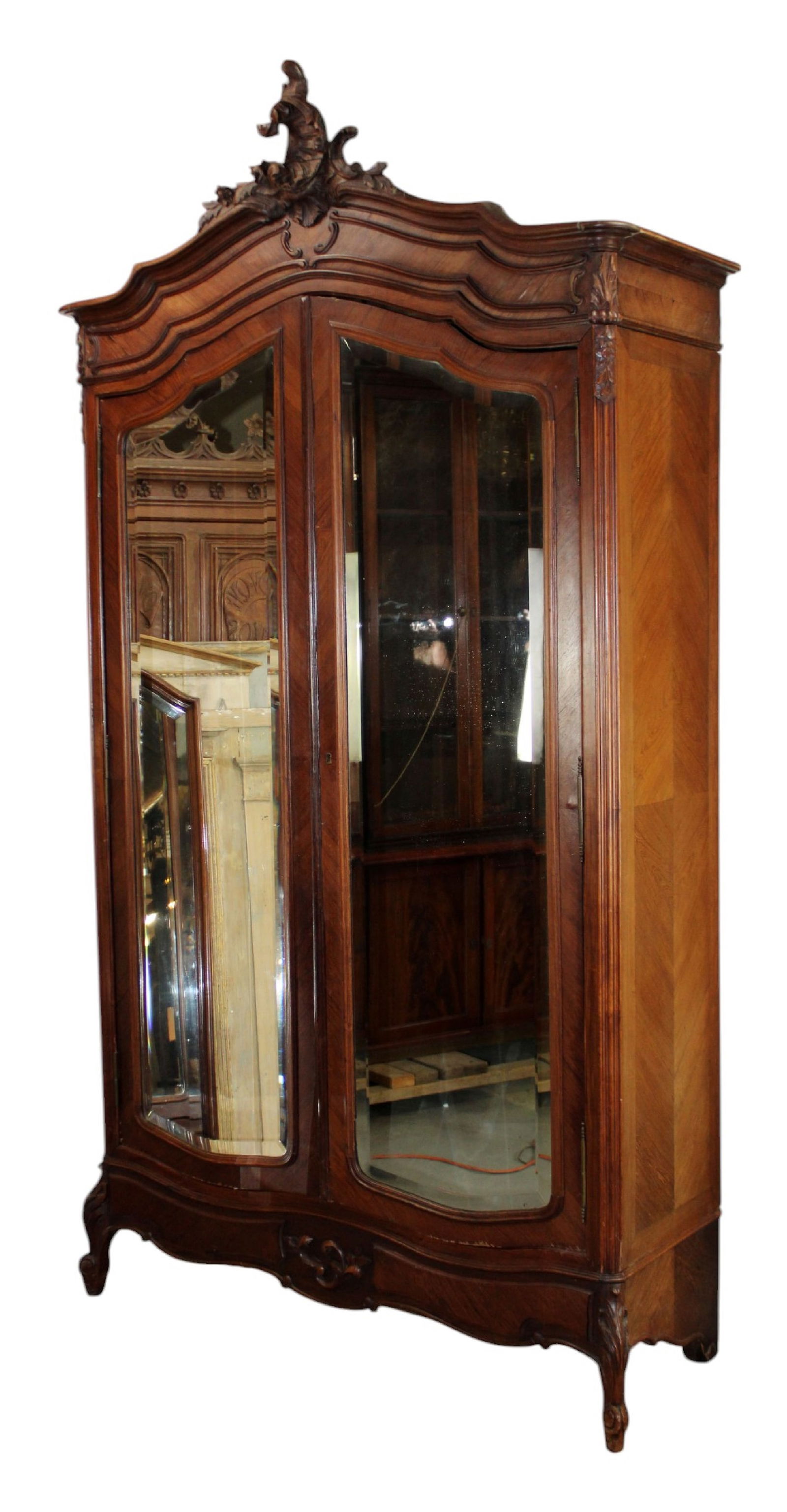 French Louis XV style 2 door armoire in walnut with mirrored doors (1 of 10)