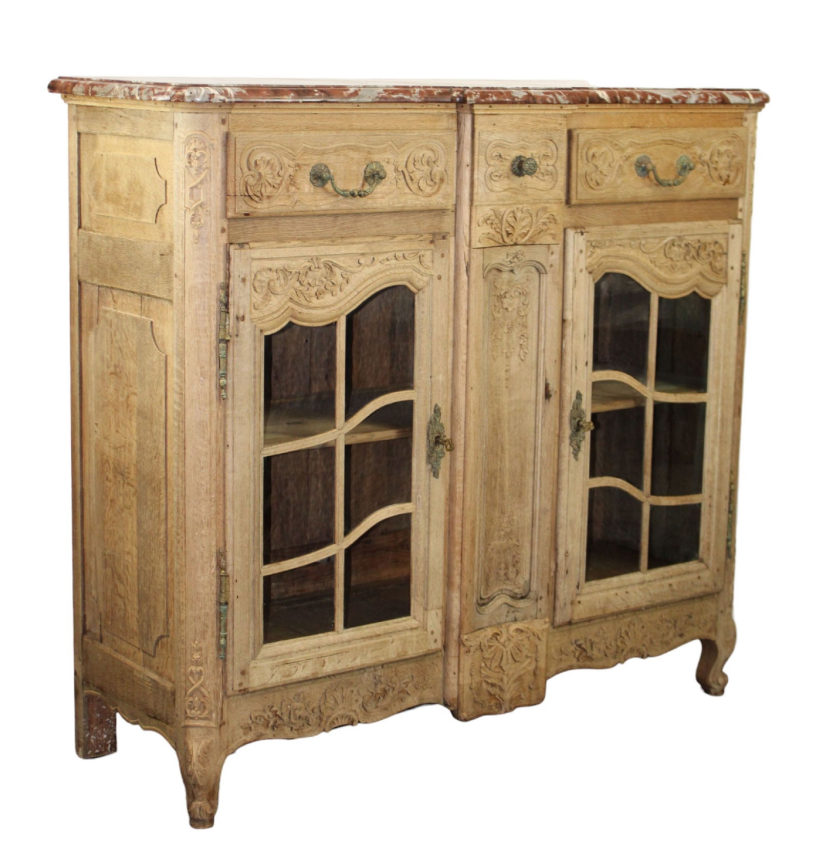 French Louis XV style 2 door cabinet with paned glass and marble top (1 of 10)