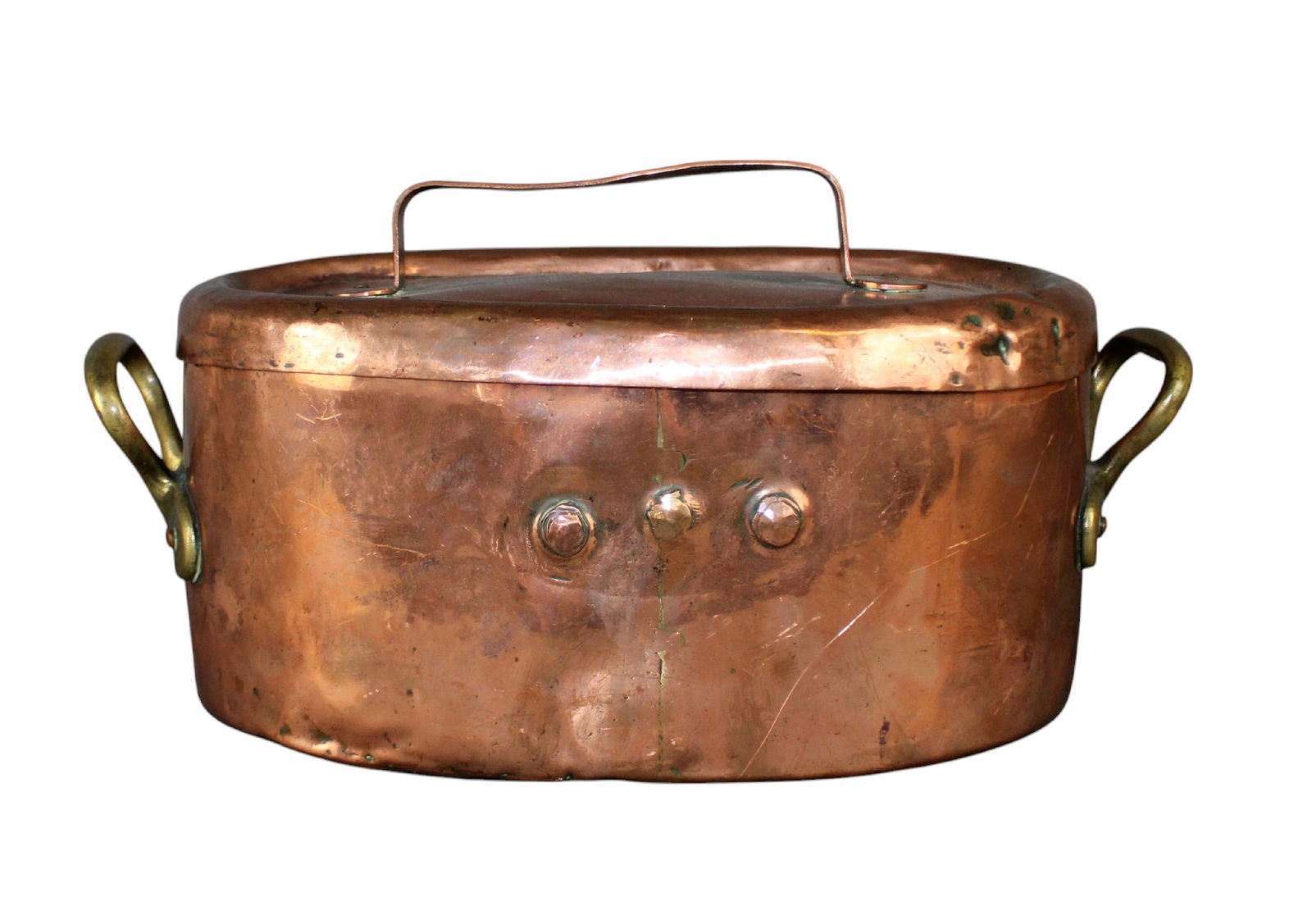 French copper daubiere (stew) pot with lid and bronze handles: French copper daubiere (stew) pot with lid and bronze handles. 19th century. Overall 7 1/2"h x 14 1/2"l x 7 1/2"d Weight: 6lbs