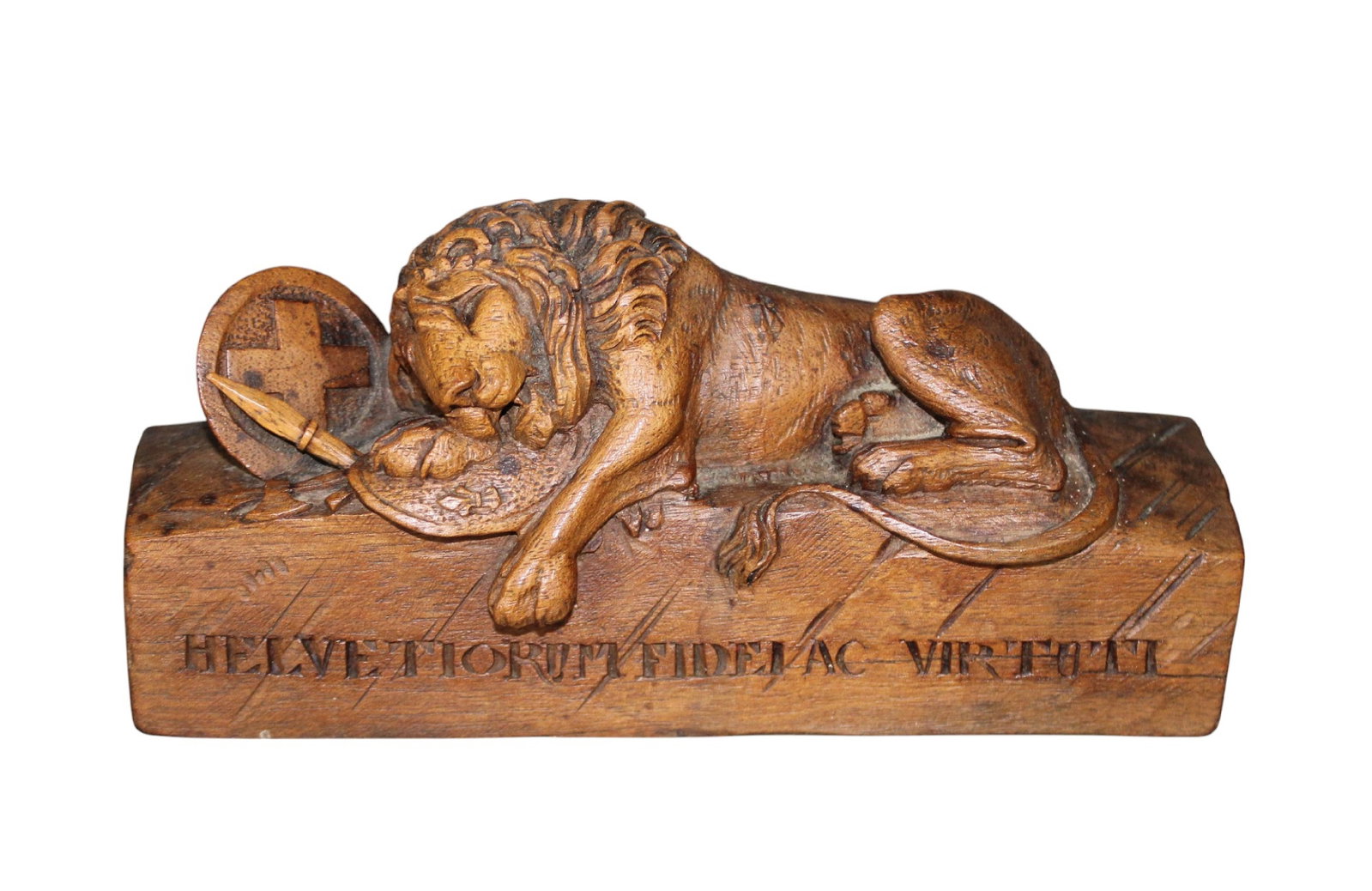 Swiss miniature wood carving Lion of Lucerne: Swiss miniature wood carving Lion of Lucerne. Early 20th century. 2 3/4"h x 6 1/4"l x 2"w Weight: 1lb
