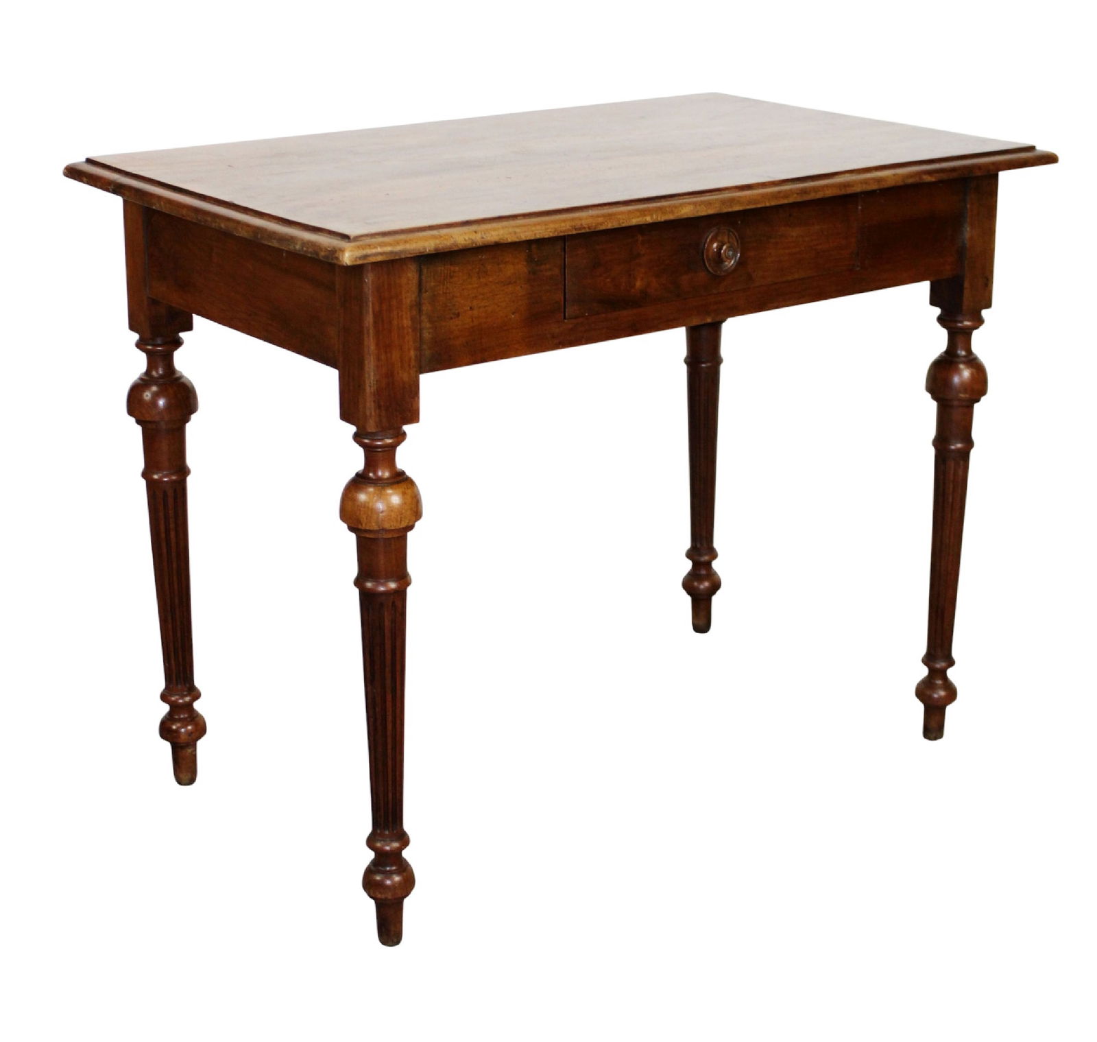 French side table in walnut on fluted legs with single drawer (1 of 8)