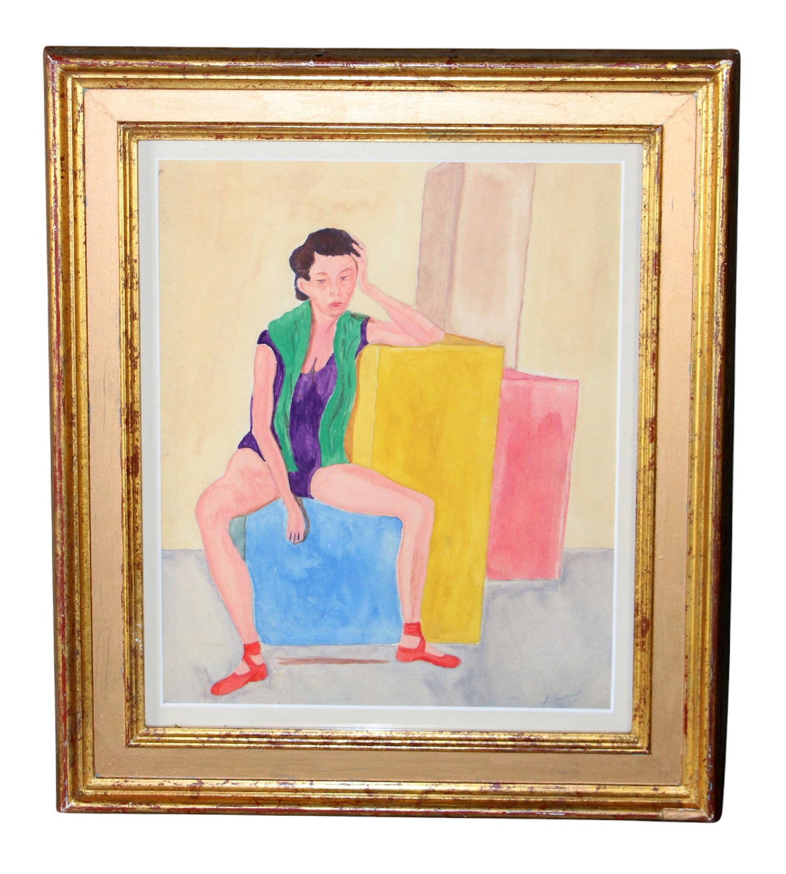 Sarah Churchill ( 1914-1982) watercolor painting on paper seated dancer: Sarah Churchill (British, 1914-1982), Seated Dancer, watercolor painting on paper, signed lower right "S. Churchill". Overall framed size 13 1/2"h x 12"w, sight size 10 3/8"h x 8 5/8"w. Weight: 2lbs.