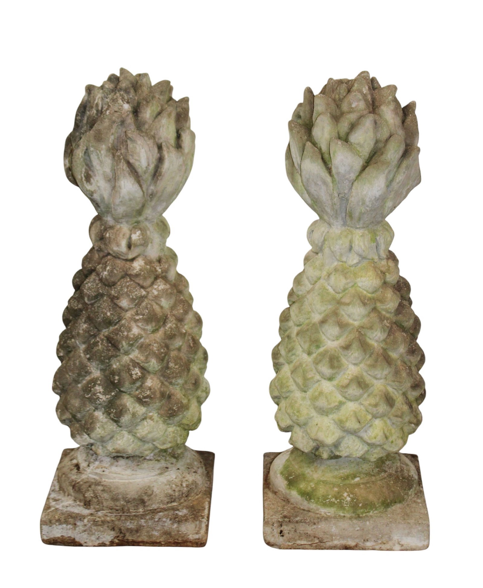 Pair of cast concrete garden pineapples: Pair of cast concrete garden pineapples. 25"h x 9"w x 9"d