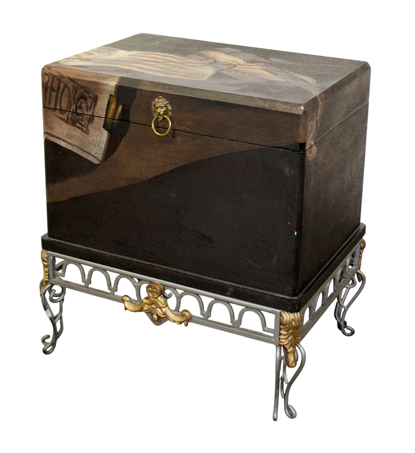Lift top trunk on iron stand in musical motif (1 of 8)