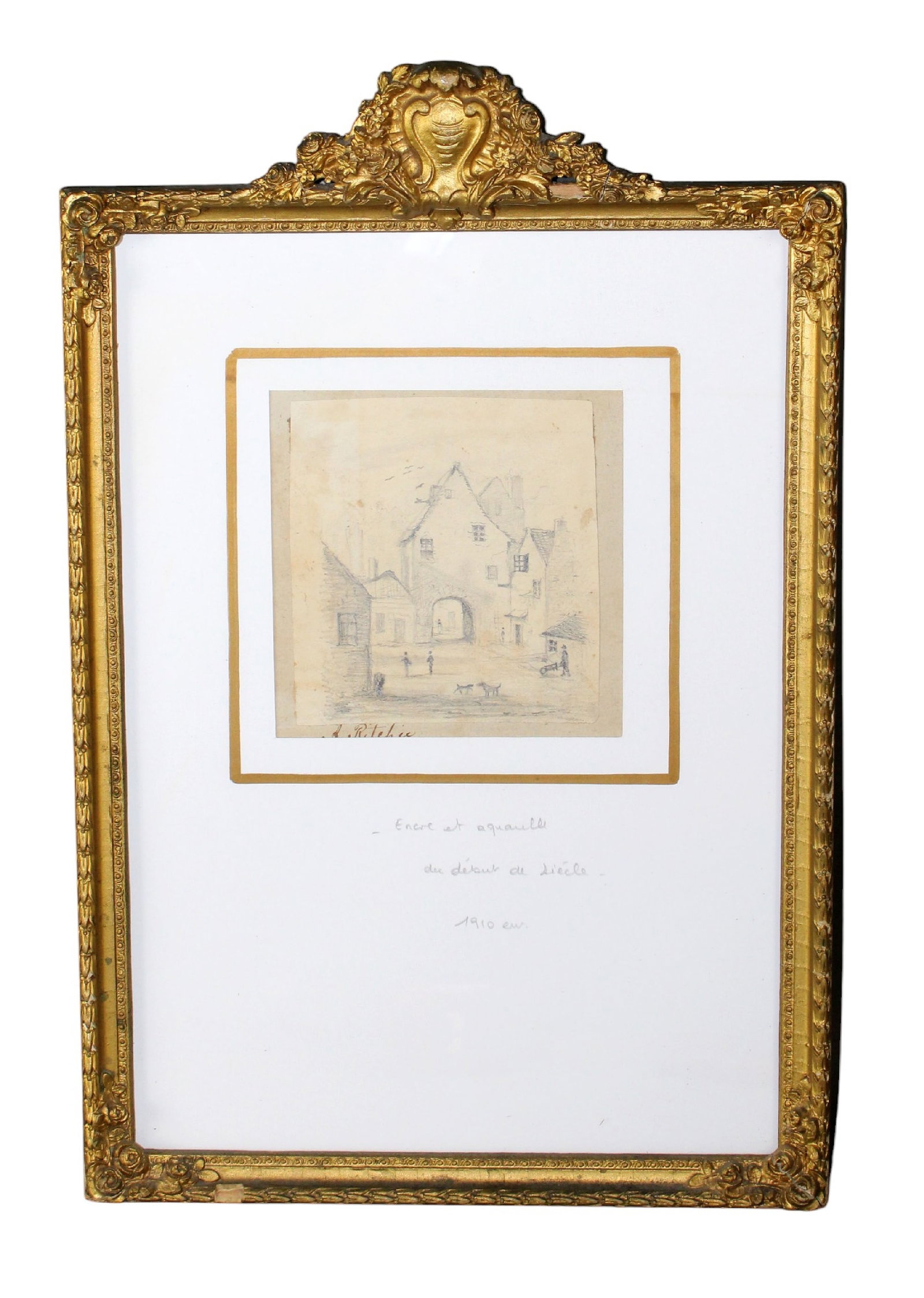 Pencil drawing on paper depicting village scene: Pencil drawing on paper depicting village scene and antique floral gilt frame. Dated 1910 and signed A. Ritchie. Overall size 17"h x 11"w, image sight size 5" square. Weight: 2lbs.