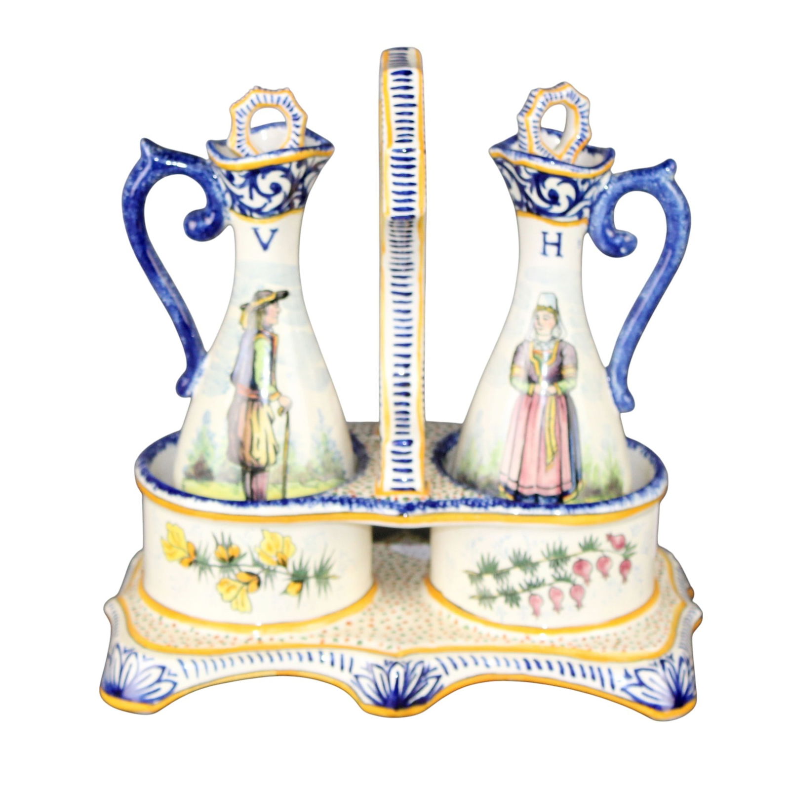 Henriot Quimper faience oil & vinegar cruet bottles in caddy (1 of 10)
