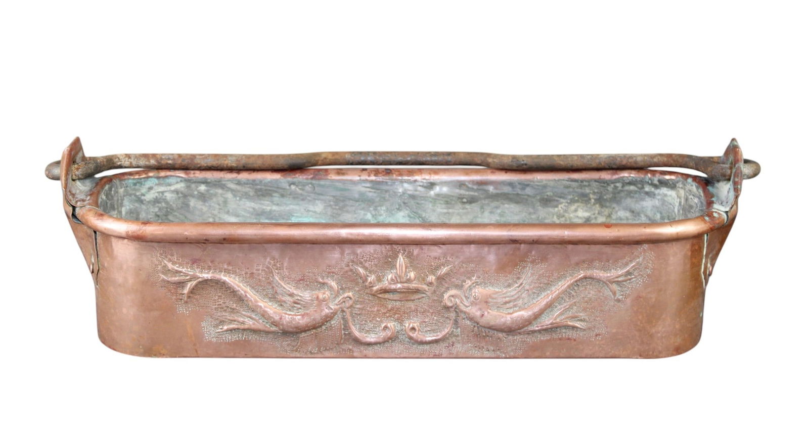 French copper fish poacher with embossed crest and fleur de lys (1 of 8)