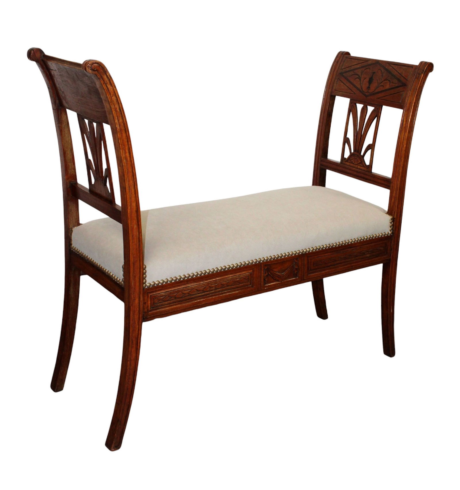 French Directoire hall bench by Jean Joseph Chapuis (Brussels, 1765-1864): Directoire hall bench by Jean Joseph Chapuis (Brussels, 1765-1864). Stamped Chapuis. Circa 1800 with later upholstery. 33 1/4"h x 37 3/4"l x 13 3/8"w Seat 18"h